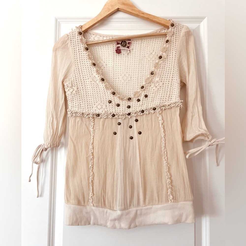 Rare 2000's Free People Peasant Boho Embellished Top SZ 0 XS